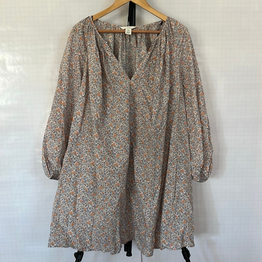 H&M Women's V-Neck Floral Blouse Blue Orange Size L Regular Pre-Owned Excellent